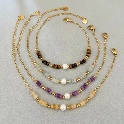 Fashion Jewelry Faux Pearl Natural Stone Beads Bracelet for Women Stainless Steel Chain Splicing Tiger Eye Stone Beaded Bracelet