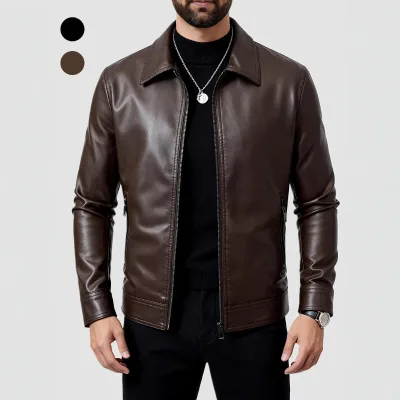 Mens Autumn/winter Biker-style PU Leather Jacket Slim Fit Zipper Closure Turn-down Collar