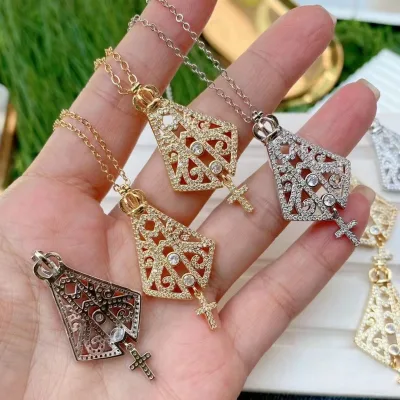 Religious Micro CZ Stone Drop Small Cross Charm Crown Pendant Necklace