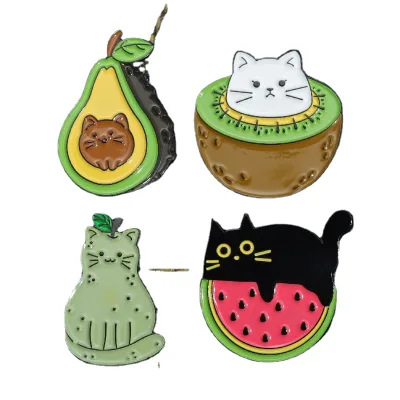 Cartoon Metal Brooch Creative Fruit Strawberry Watermelon With Black CatCute Animal Orange  Lemon Pin