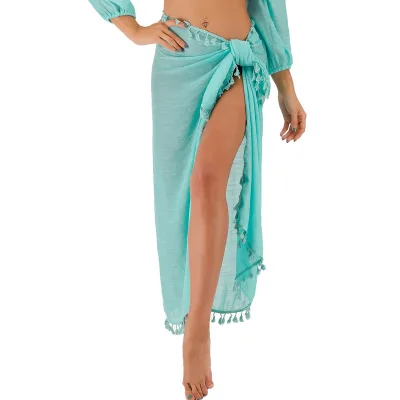 Customizable Bohemian Style Solid Fringe Beach Wrap, Multi-way Wear Sarong As Sun protection Cover Shawl or Casual Skirt