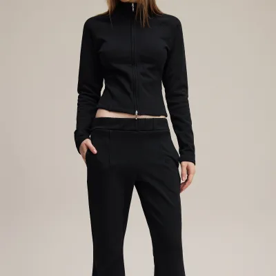LE DUO Women's Black Tracksuit Crop Zip up High Neck Slim Fit Top Flared Leg Pants Stretch Athletic Trendy Y2K Activewear