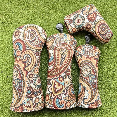 Retro-style Cashew Blossom Jacquard Fabric Waterproof Golf 460 Cc Driver Wood Club Headcovers Custom Elastic-Band Blade Covers