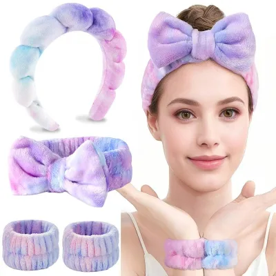 4-Piece Headband Set Headband and Wristband Set Hairband Multicolor Purple Tie-dye Makeup Tools Facial Cleansing Tools