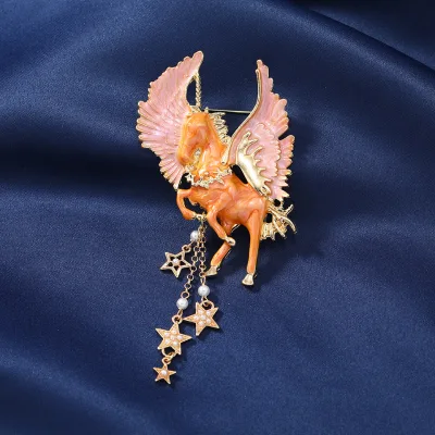 Orange Enamel Pegasus Brooch with Star Pearl Tassel, Winged Horse Lapel Pin Fantasy Myth Animal Coat Jewelry Gift