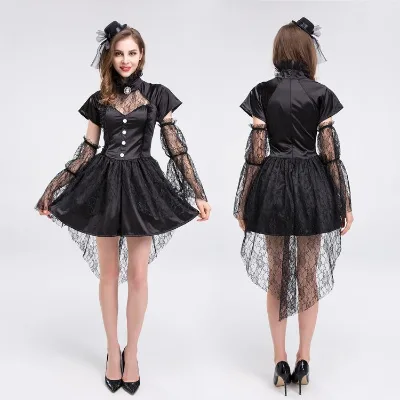Halloween New Witch Costume Black Mesh Dress Sleeve Lace Little Witch Performance Costume Role Playing
