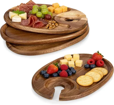 Set of 4 Acacia Wood Wine Appetizer Plates with Glass Holder Mini Charcuterie Boards