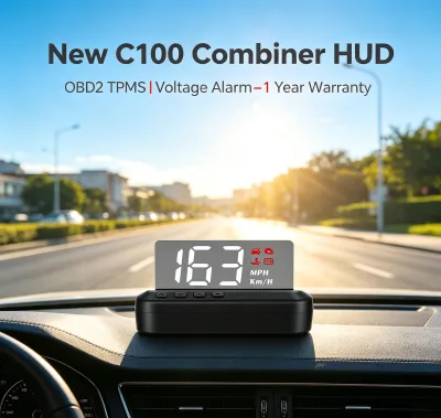New Auto Electronic C100 Combiner HUD 3Inch Widescreen LED OBD2 TPMS Display Voltage Alarm 1 Year Warranty