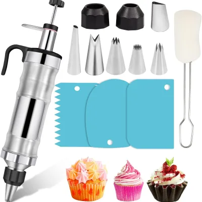13pcs Stainless Steel Icing Gun Set with Silicone Cup for Cookie Cream Cake Decorating for Party and Bakery Pastry Tools Kit