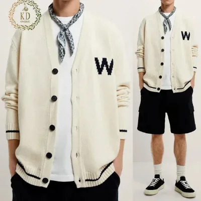 KD Knitted Sweater Manufacturer Custom Logo Knit Letter Varsity V Neck Men Cotton Sweater Cardigan