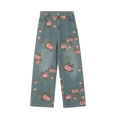 New Design Women's Vintage Jeans Pants Summer Street Casual Popular Baggy Women Mid-Waist Denim Pants with Button Decoration