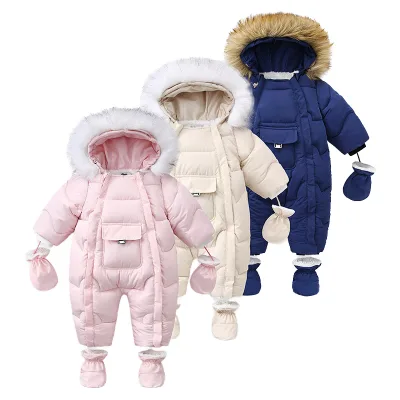 New Style Cute Solid Infant Winter Thickened Button Closure Pocket Jumpsuit