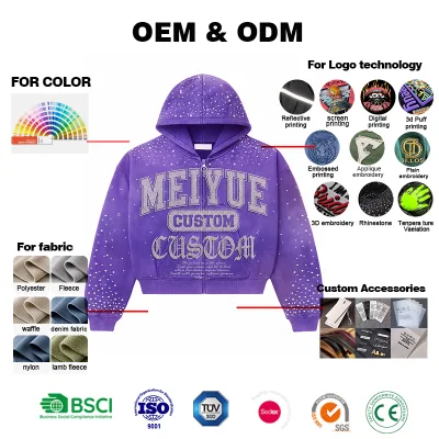 One Stop Cut and Sew Manufacturer Acid Wash All Over Rhinestone Pullover Men's Hoodie French Terry Printing logo Hoodie Low MOQ