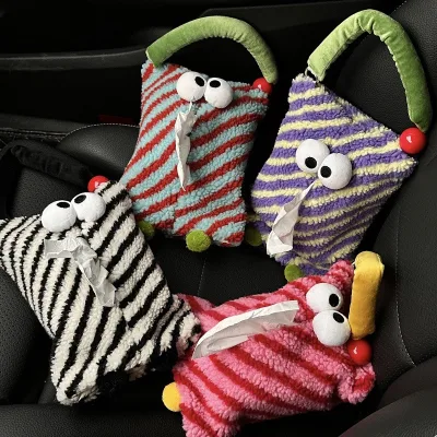 Cute Plush Paper Towel Storage Bag with Diagonal Stripes Wall-Mounted & Multi-Purpose for Dining/Living Rooms & Cars
