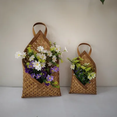 Square Pattern Bamboo Crafts Hanging Wall Basket Decorative Dry Flower Basket for Home Decor