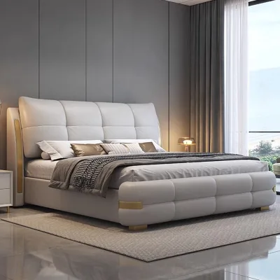 Modern Luxurious Italian Large Platform Bed Queen Genuine Leather Soft-Padded Headboard Stainless Steel Storage Bedroom
