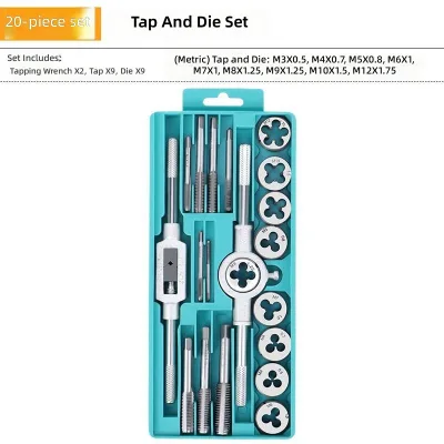 20-Pcs Tap and Die Set Metric M3-M12 Thread Repair Kit with Wrenches and Pitch Gauge for Car and Mechanical Maintenance