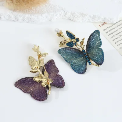 4 Styles Vintage Embroidery Fabric Purple and Blue Butterfly Brooch High Imitation Pearl Pin Brooch