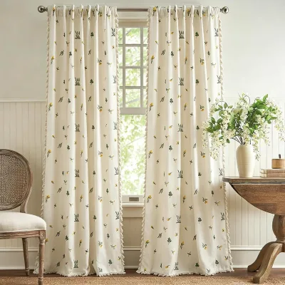 Vintage Blue Floral Curtains for Living Room, Cream Beige Linen Blend Farmhouse Drapes
