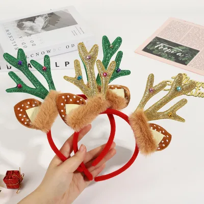 Promotional Large Antler Deer Horn Ears Plush Headdress Head Buckle Reindeer Santa Christmas Headbands for Christmas Gift