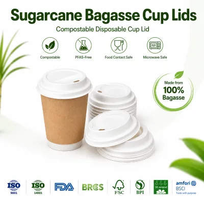 80mm Small Size Bagasse Coffee Lids 8oz Paper Cups 100% Compostable Heavy Duty Leak-proof BPI Certified Disposable BPA Free PFAS