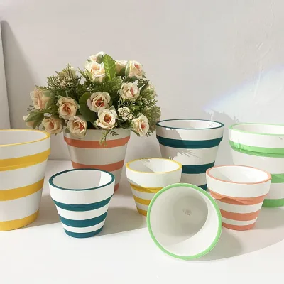 White Stoneware Flower Pot Instagram-style Striped Design New High-aesthetic Nordic-style Home Decor Breathable Water-absorbent