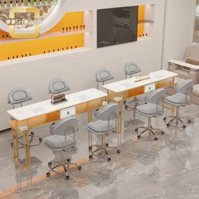 Customized Professional Manicure Table & Chair Set with Gold Iron Art Nail Tables for White Simple Vacuum Marble Manicure Table