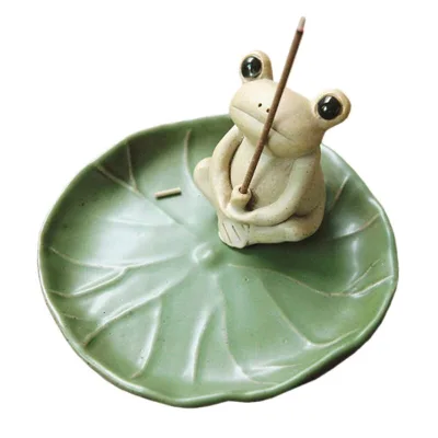 Ceramic Incense Burner Holder Round Frog Lotus Leaf Pottery Ceramic White Incense Burner
