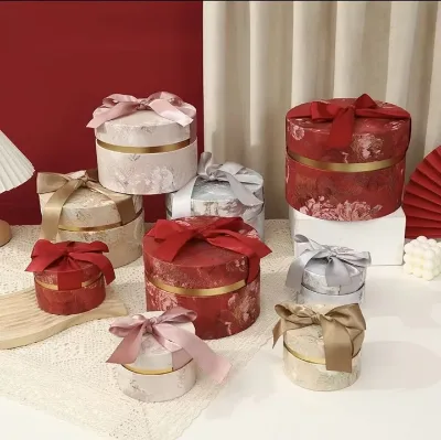 Wedding Favor Round Cylinder Gift Box Rigid Paper Packaging Box with Bow Accept Custom Size Color and Logo Printing for Festival