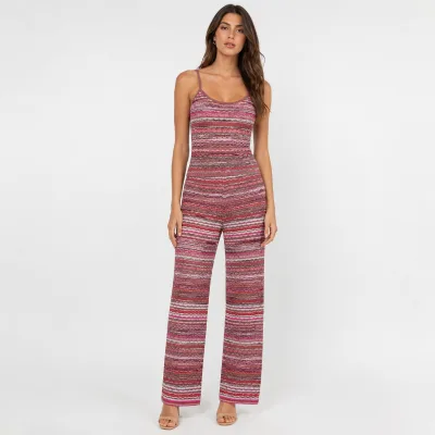 Custom Womens Rose Multicolor Striped Knit Two Piece Set Cami Top Wide Leg Pants OEM ODM