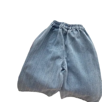 2023 Summer New Girls' Jacquard Denim Wide Leg Pants Children's Baby Fashionable Distressed 9-point Pants