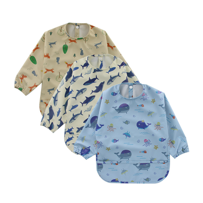 Waterproof PU Printed Bibs for Art Painting with Pockets Baby Long Sleeve Bibs