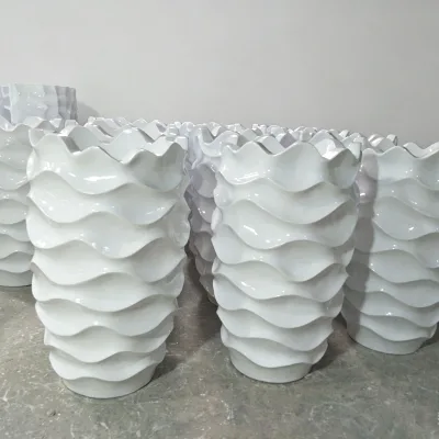 Modern Art Deco White Ceramic Wave Glazed Eco-Friendly Handmade Flower Pot Planter 4-8in Width Custom Outdoor Garden Decor