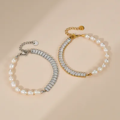 New Design High Quality Jewelry Simple Style Rectangle CZ Freshwater Pearl Stainless Steel Adjustable Bracelet Women
