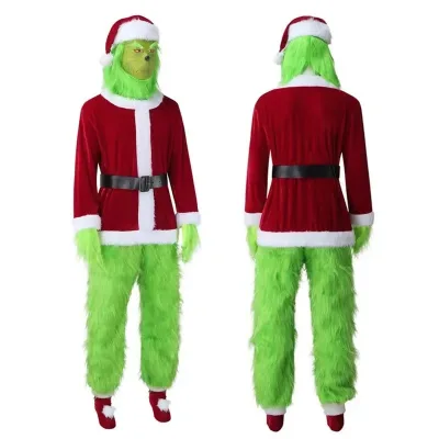 Hot Sale Christmas Costume for Men Santa Suit Adult 7PCS Deluxe Furry Green Big Monster for Halloween Outfit Holiday Cosplay