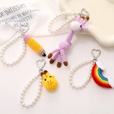 Kawaii Hand Crocheted Animal Doll Keychain Pearl Bead Short Wrist Lanyard Cute Giraffe Rainbow Pencil Knitted Pendant Keyring