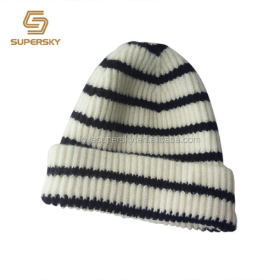 Men White and Black Stripe Beanie Knit Cuffed Beanie