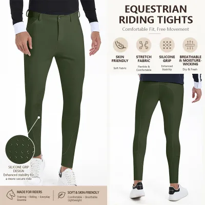 Lightweight Army Green Man Horse Breeches Knee Patch Stretchy Elastic Durable Horses Riding Pants with Pockets for Practice