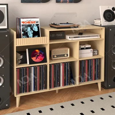 Oak Color Large Record Player Stand Cabinet USB Charging Station Home Furniture for Living Room Side Storage Cabinets US Stock