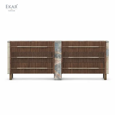 Modern Walnut Sideboard with Metal Accents Customizable Storage Cabinet for Dining Room, Living Room & Entryway