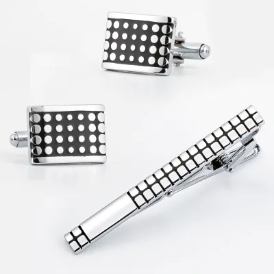 Manufacturers Wholesale Custom Make Your Own Logo Mens Silver Plated Black Tie Clip Cufflinks Set