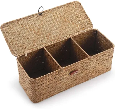 Natural Woven Seagrass Large Rectangular Compartment Lid Storage Basket