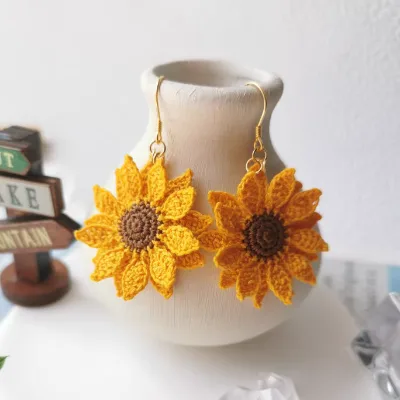 Exquisite Crochet Sunflower Earrings Miniature Handmade Necklace Crochet Crafts Earrings Earlobe Crochet Pendant Gift Sunflower