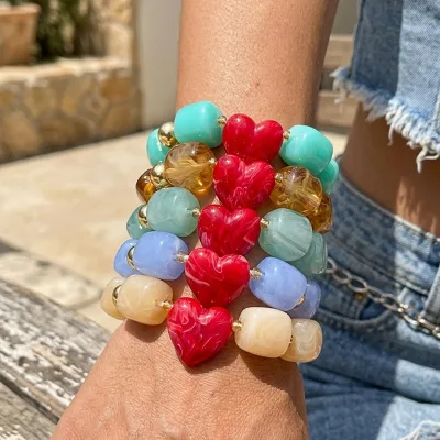 Anniversary Celebration Love Heart Jewelry Bohemian Square Bead Resin Bracelet Fashionable Geometric for Women Party