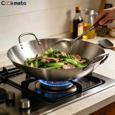 Double-handle Wok Pan Stainless Steel Non Stick Carbon Steel Professional Frying Pan Sauté Cookware for Electric Stove Top Gas