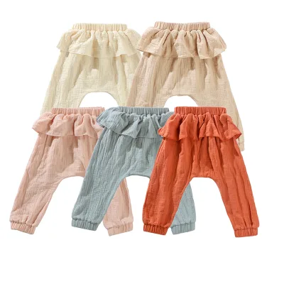 New Desgin Solid Color Ruffle Pants Girls 100% Cotton Kid Clothes Leggings Wholesale Sports Infants Long Trousers