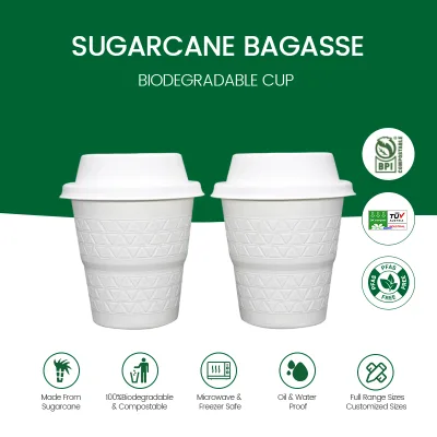 Leakproof Compostable Sugarcane Molded Drink Cup Lids Disposable Sugarcane Pulp Coffee Cup with Lids