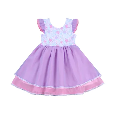 New Design Good Quality Valentine Purple Pink Rose Flower Print Soft Chiffon Spandex Baby Girls Princess Dress for Kids With Bow