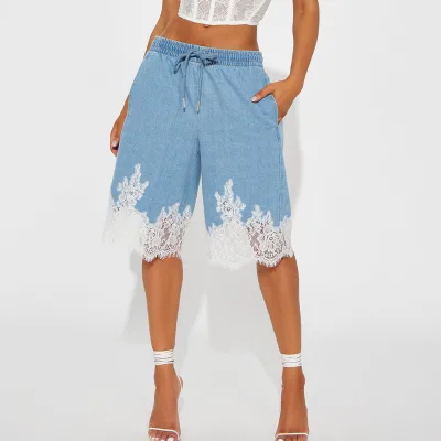 Women Lace Trim Denim Shorts 100% Cotton Bermuda Jorts Light Wash Wide Leg Elastic Waist Drawstring Patchwork Trousers Apparel