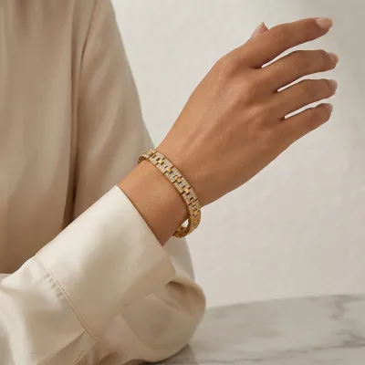 Stainless Steel 18K Gold Plated Geometric Trendy CZ Watch Band Bracelet Men's Light Luxury Fashion Jewelry